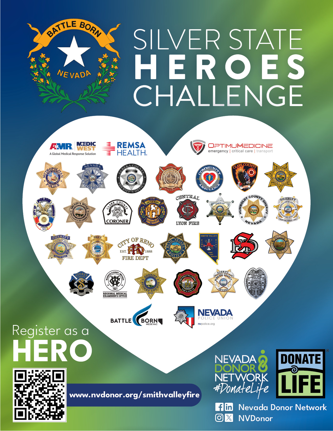 Silver State Heroes Challenge flyer featuring participating Nevada public-safety agencies and the Smith Valley Fire donor registration campaign